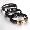 Multi Leather Strap Cuff Bangle Choice Men's Braided Leather Bracelet 18k Gold Stainless Steel Anchor Bracelet AN-002