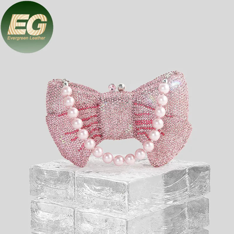 Leb1530 Glitter Rhinestone Hand Evening Bow Shape Bags Party Crossbody Luxury Diamond Purses Crystal Women Clutch Bag