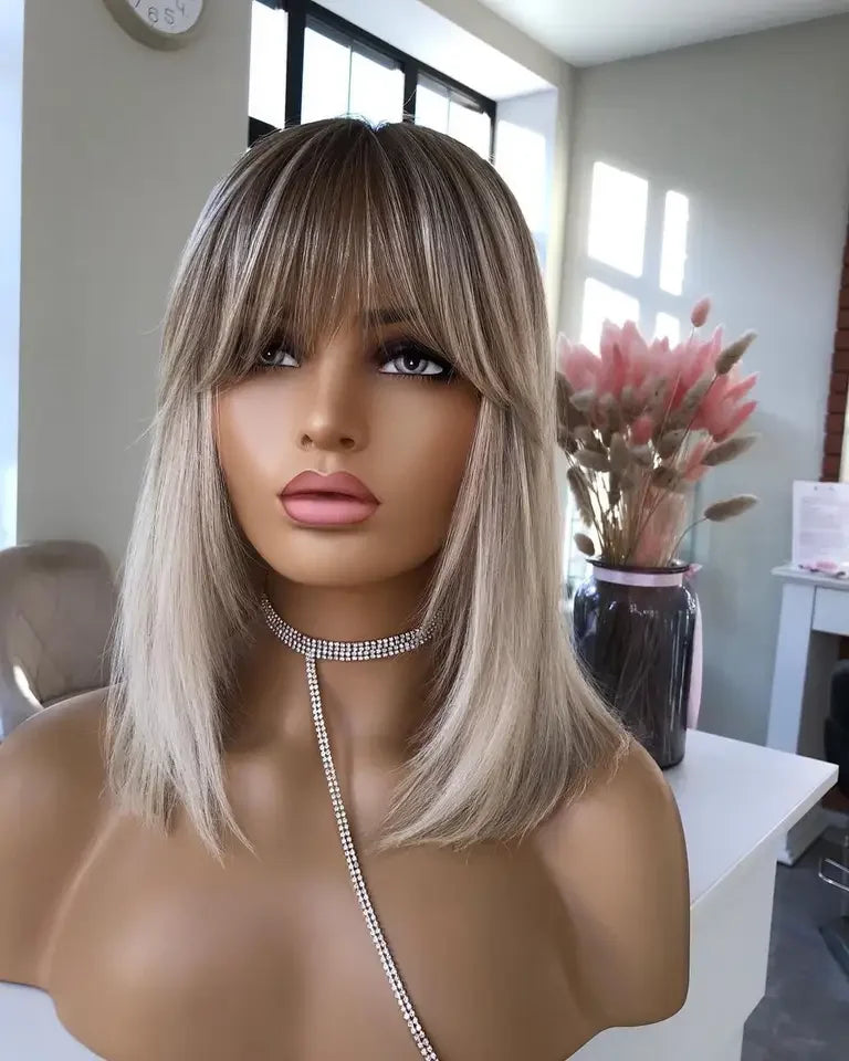Platinum Blonde Highlight Colour Bob Cuticle Aligned Human Hair Lace Front Wigs With Hair Bang