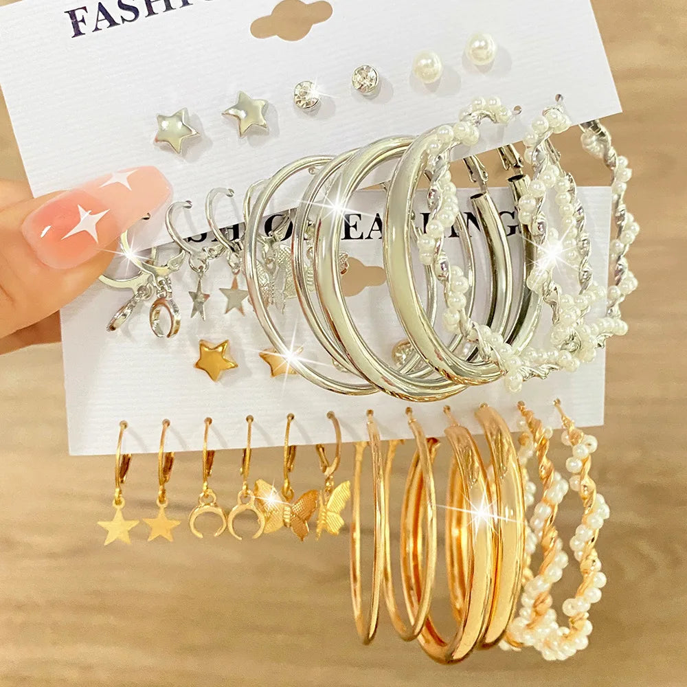 9Pairs/Set Silver Butterfly Pearl Earrings Wholesale Creative Simple Pentagram Moon Earring Set Geometric Metal Round Earrings