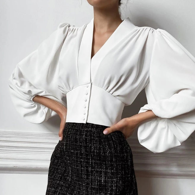 2024 Women's New French V-neck Shirt Elegant Lantern Sleeves Slim Fit Long Sleeved Shirt