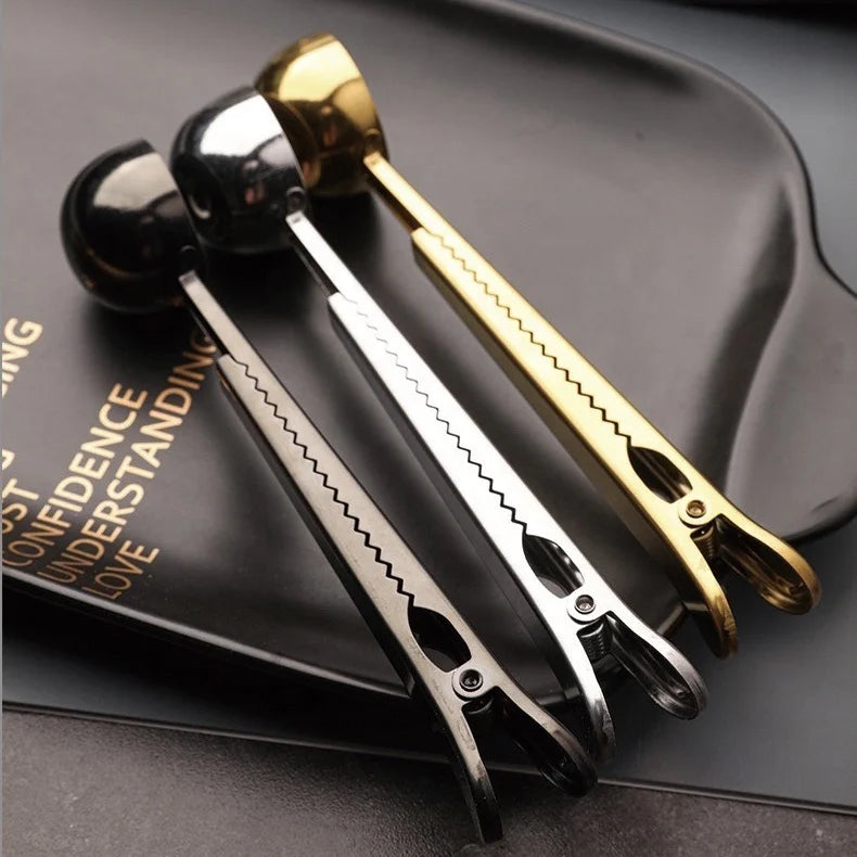Food Grade Stainless Steel Brass Gold Black Measuring Spoon Scoop With Bag Sealing Clip for Tea Coffee Bean