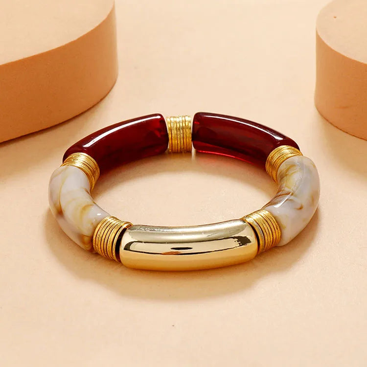 BA2007 Fashion Bamboo Resin Acrylic Tube Beaded with Gold Disc Stacking Bracelet Bangle