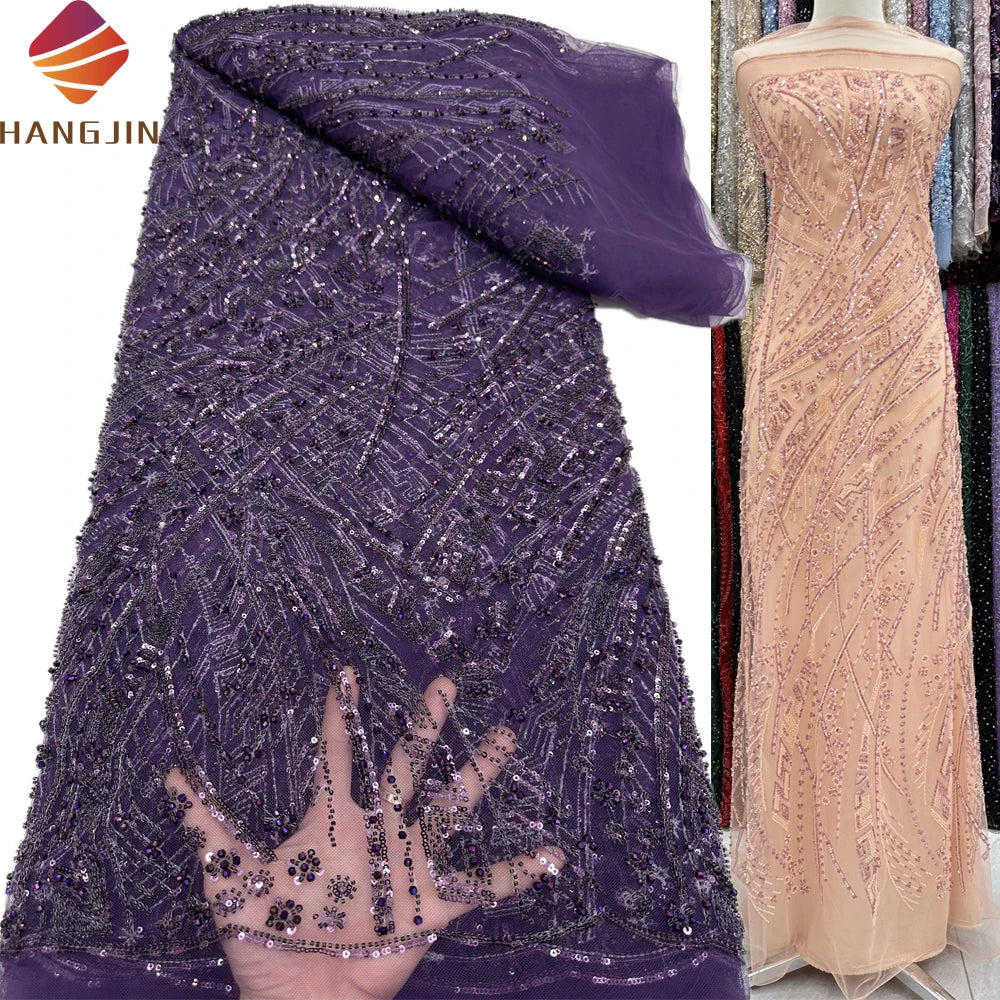 Luxury French Tulle Lace Fabric With Crystal High Quality Beaded Tulle Embroidered Sequins Net Laces for Wedding Evening Dress