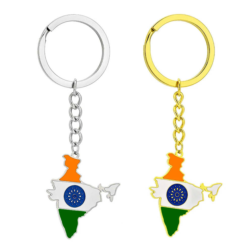 Stainless Steel Enamel India Country Flag Charm Keychain Key Ring 18K Gold Plated Enameled India Map Pendant Key Chain