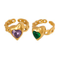 Trendy Luxury Shiny Polished 14K Gold Plated Stainless Steel Purple Zircon Green Glass Ring for Women Daily Party Wedding Wear