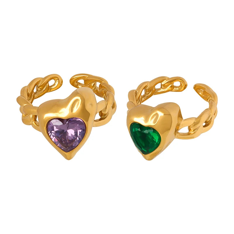 Trendy Luxury Shiny Polished 14K Gold Plated Stainless Steel Purple Zircon Green Glass Ring for Women Daily Party Wedding Wear