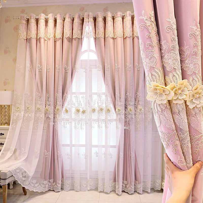 Wholesale New Luxury European Embroidery Window Curtain Double Layers Lace Tulle Embroidered Curtains for Bedroom