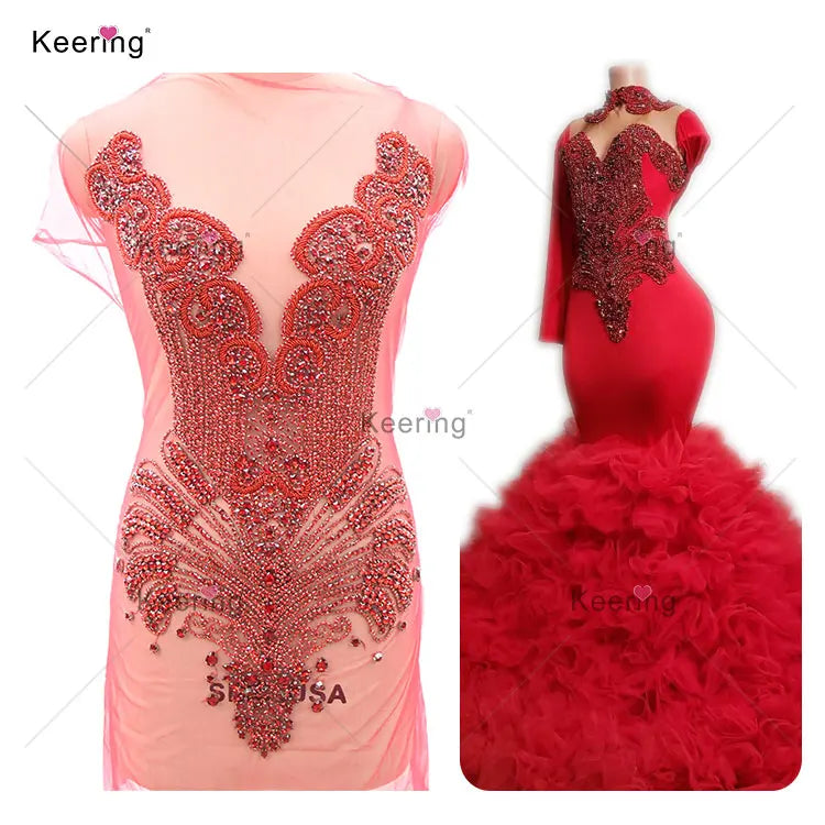 WDP-245 Keering Colorful Sewing Beaded Crystal Embellished Red Bodice  Rhinestone Appliques Mesh Fabric for Wedding Dress