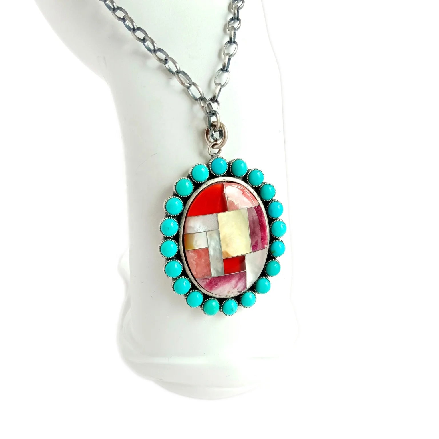 Genuine Natural Turquoise Mop Gemstone 925 Sterling Silver  Pendant Necklace