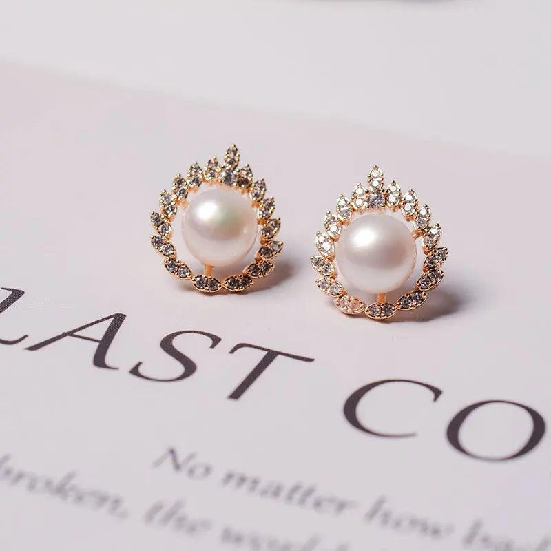 Wholesale 14k Gold-plated Earring Jewelry Women's Leaves Zircon Earrings Natural Freshwater Pearl Earrings