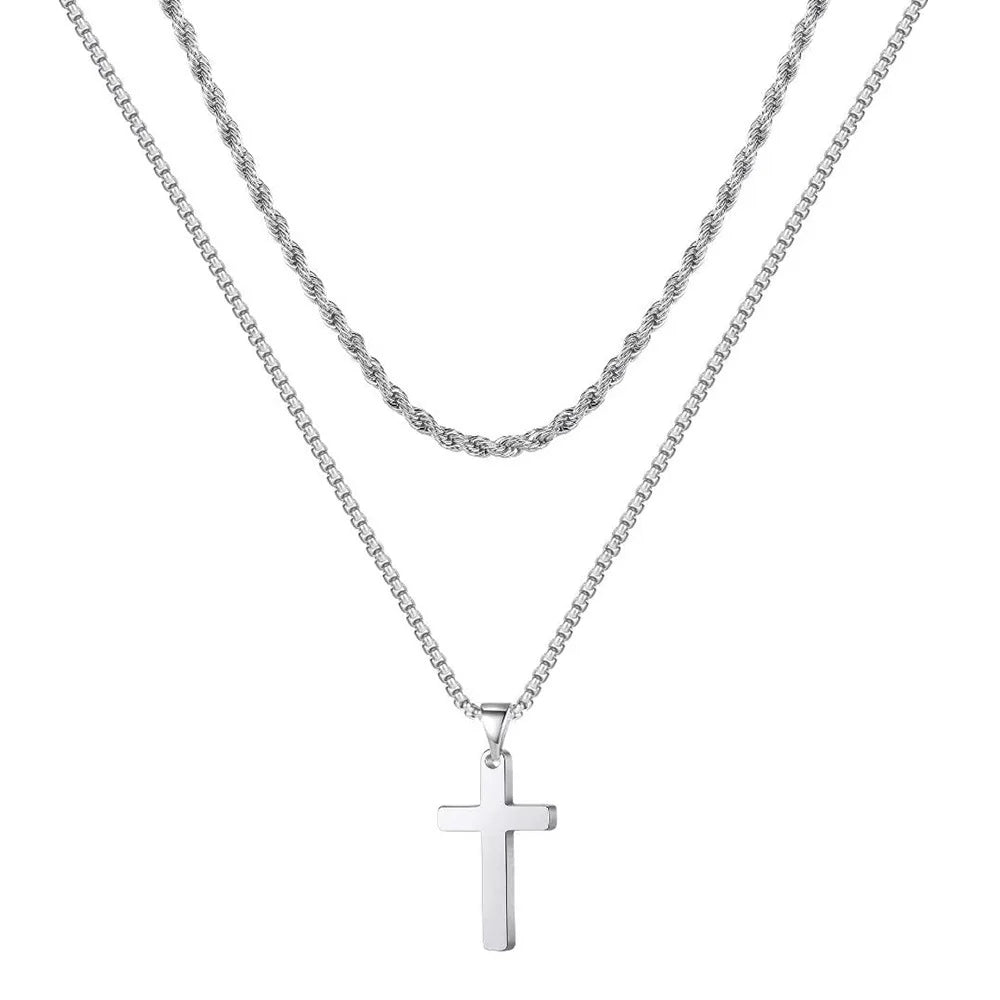 Fashion Jewelry Gold Plated Silver Black Stainless Steel Layered Rope Chain Cross Pendant Necklace for Men Boys Party 16-24 Inch