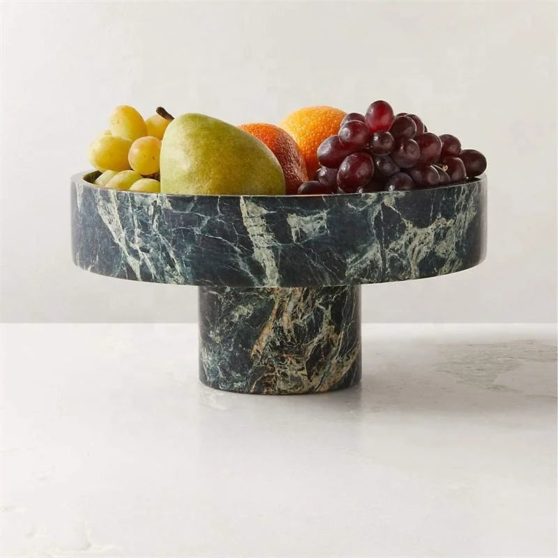 STONEKOCC Honed Surface Carved Single Legs Green Marble Fruit Bowl Handmade Stone Craft Home Ornament Stone Storage Tray Luxury