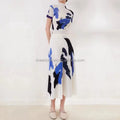 Autumn Fashion Pleated Floral Print Two Piece Set Women Raglan Sleeve Stretch Pleated Stretchy Tshirt Top and Long Skirt Set