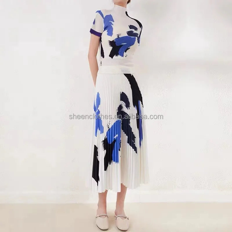 Autumn Fashion Pleated Floral Print Two Piece Set Women Raglan Sleeve Stretch Pleated Stretchy Tshirt Top and Long Skirt Set