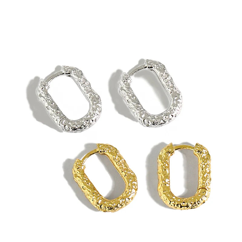 WMEB069 Dainty 925 Sterling Silver Geometric Rounded Rectangle Huggie Hoop Earrings Textured Fine Jewelry
