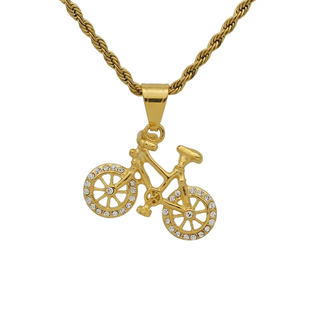 Simple 18K Gold Plated Stainless Steel Crystal Bicycle Pendant Bike Necklace