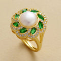 Designer Luxury Woman Eternity Wedding Band Rings Gold Plated Freshwater Pearl Zircon Resizable Classic Style Jewelry