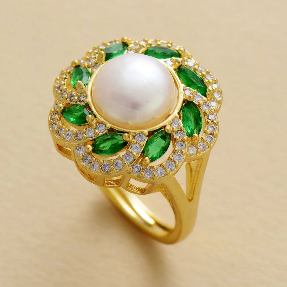 Designer Luxury Woman Eternity Wedding Band Rings Gold Plated Freshwater Pearl Zircon Resizable Classic Style Jewelry