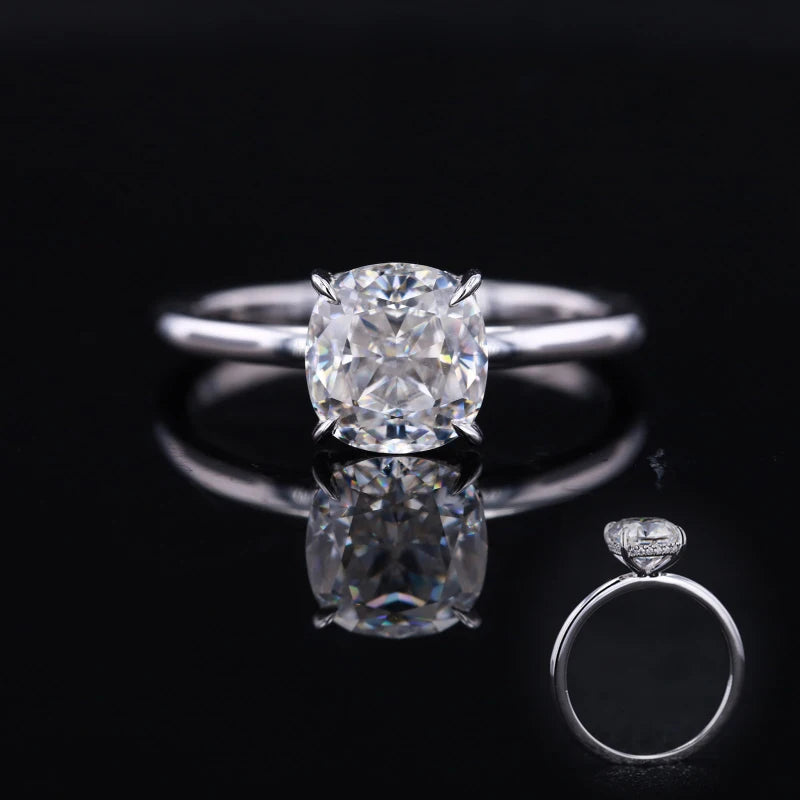 Starsgem Custom White Solid Gold Plain Band Cushion Crushed Ice Moissanite Solitaire Ring