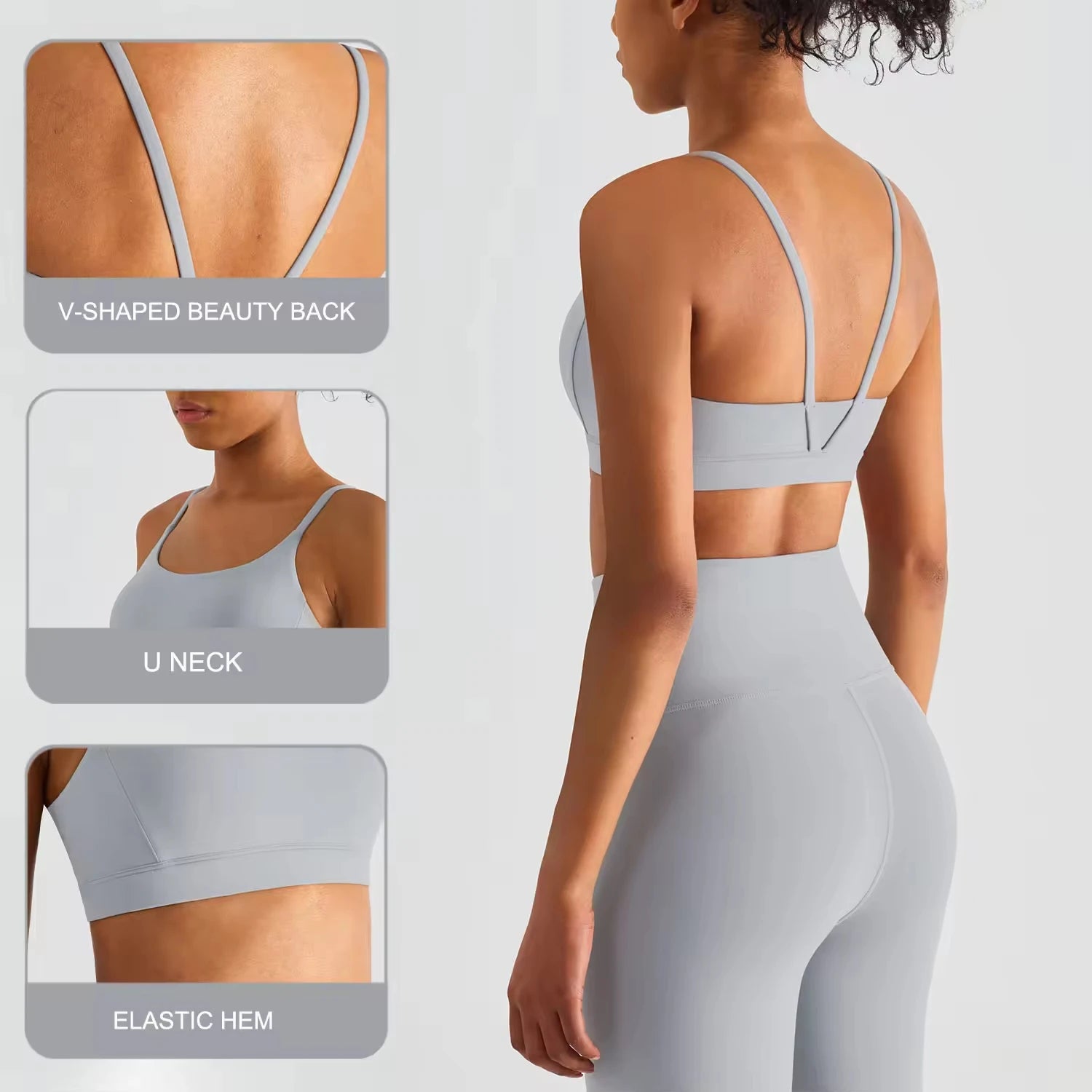 Unique Design Hot Sale U Neck Yoga Crop Tops V-Shaped Beauty Back Sujetador Deportivo Solid Color Backless Womens Sports Bras