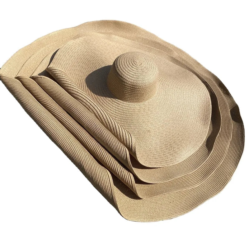 New 40cm Long 4-Color Ladies Straw Hat Wide Brim Summer Beach Travel Floppy Hats Environmental Paper Material Character Style