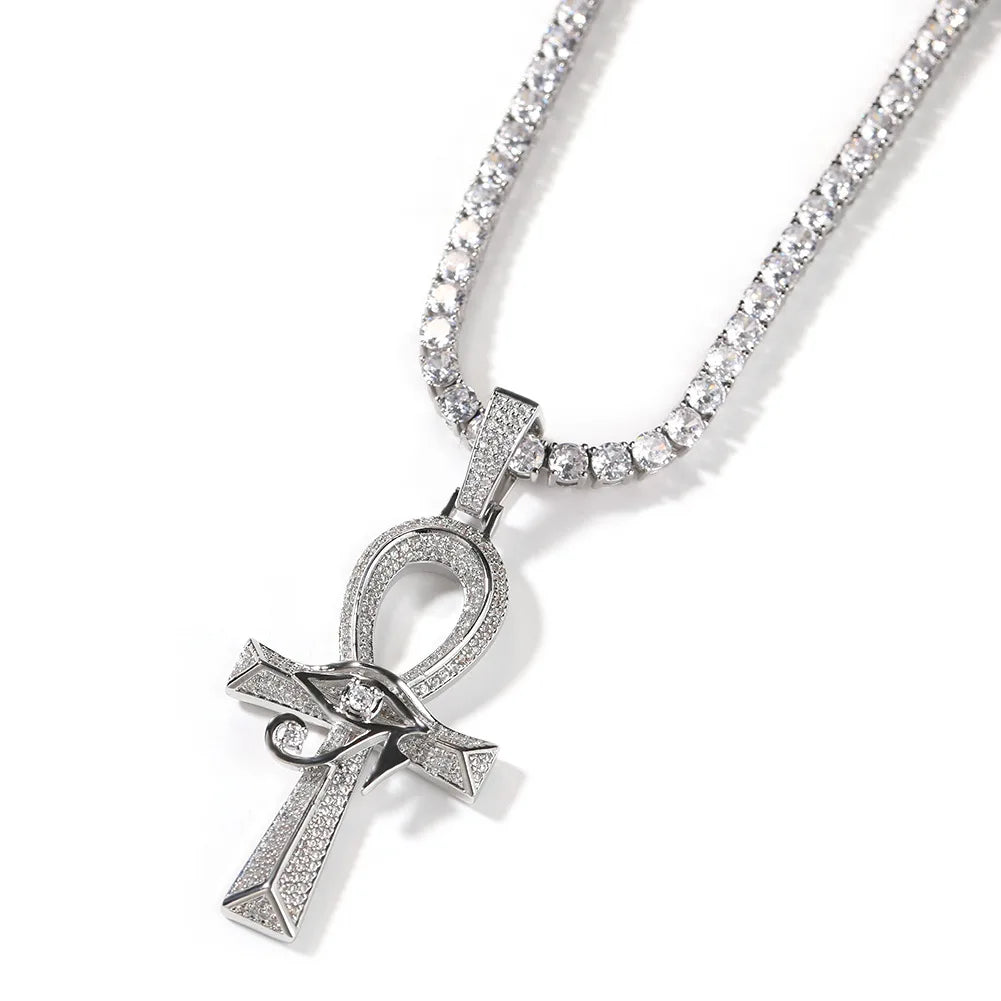 18K Gold Plated Ancient Egyptian Amulet Top Icy Hip Hop Style Ankh Cross Pendant Necklace with Link Chain for Anniversaries