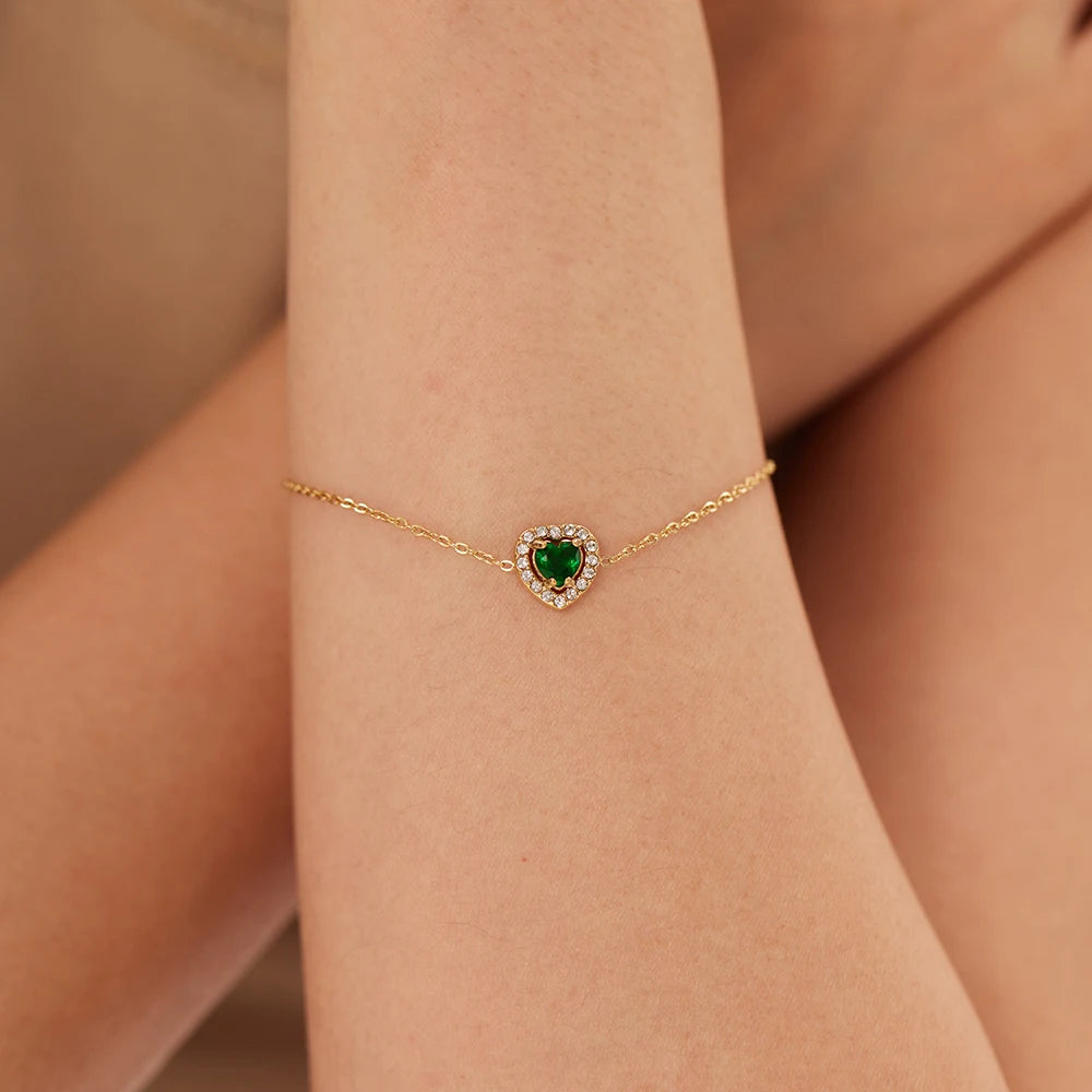 New Arrivals Stainless Steel 18K Gold Plated Emerald Cubic Zircon Heart Pendant Link Chain Women Bracelets