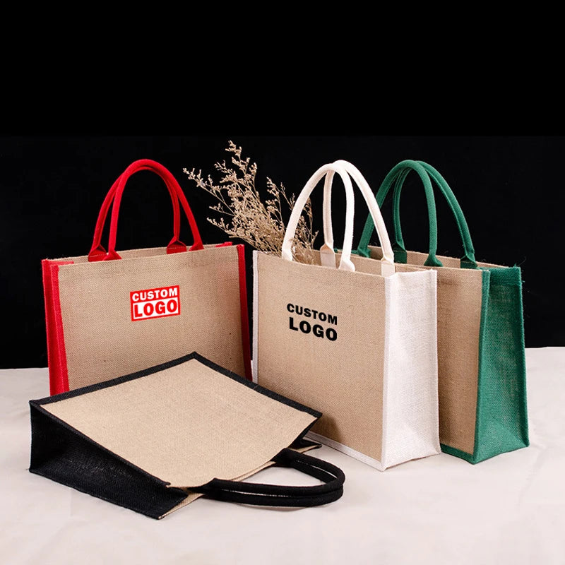 Women Foldable Jute Burlap Tote Bag DIY Blank Grocery Handbag Large Capacity Travel Storage Organizer with Handles