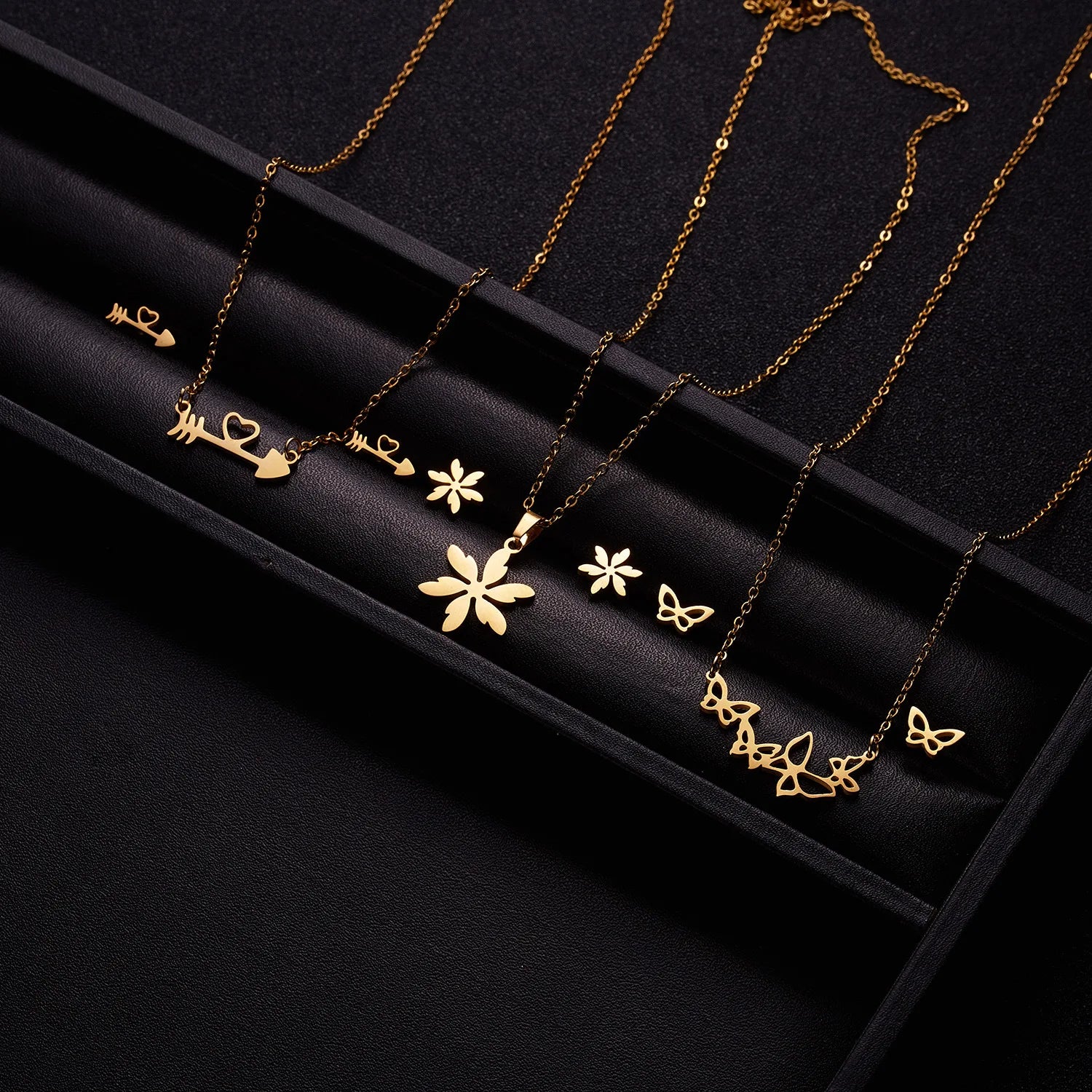 New Style Stainless Steel Necklace Fish Bones Love Hollow butterfly Pendant Ear Studs Suit Fashion Accessories for Women