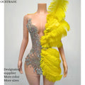 Ocstrade Vestidos Beaded Yellow Ostrich Feather Trim Quality Evening Mini Dress Women Rhinestone Applique Sheer Club Dress 2025