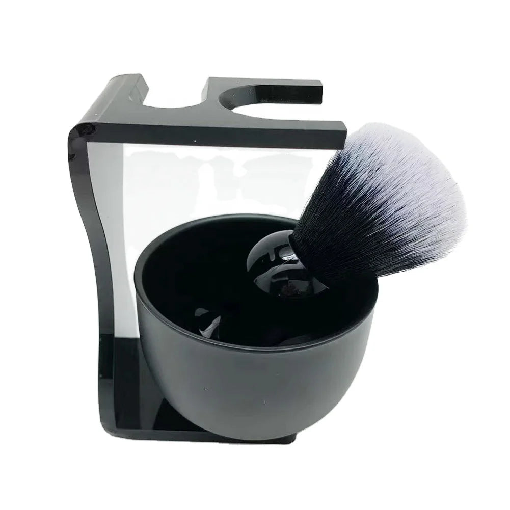 JDK Wholesale 3 in 1 Synthetic Shaving Brush with Acrylic Stand and Steel Bowl Premium Black Men's Convenient Shaving Brush Set