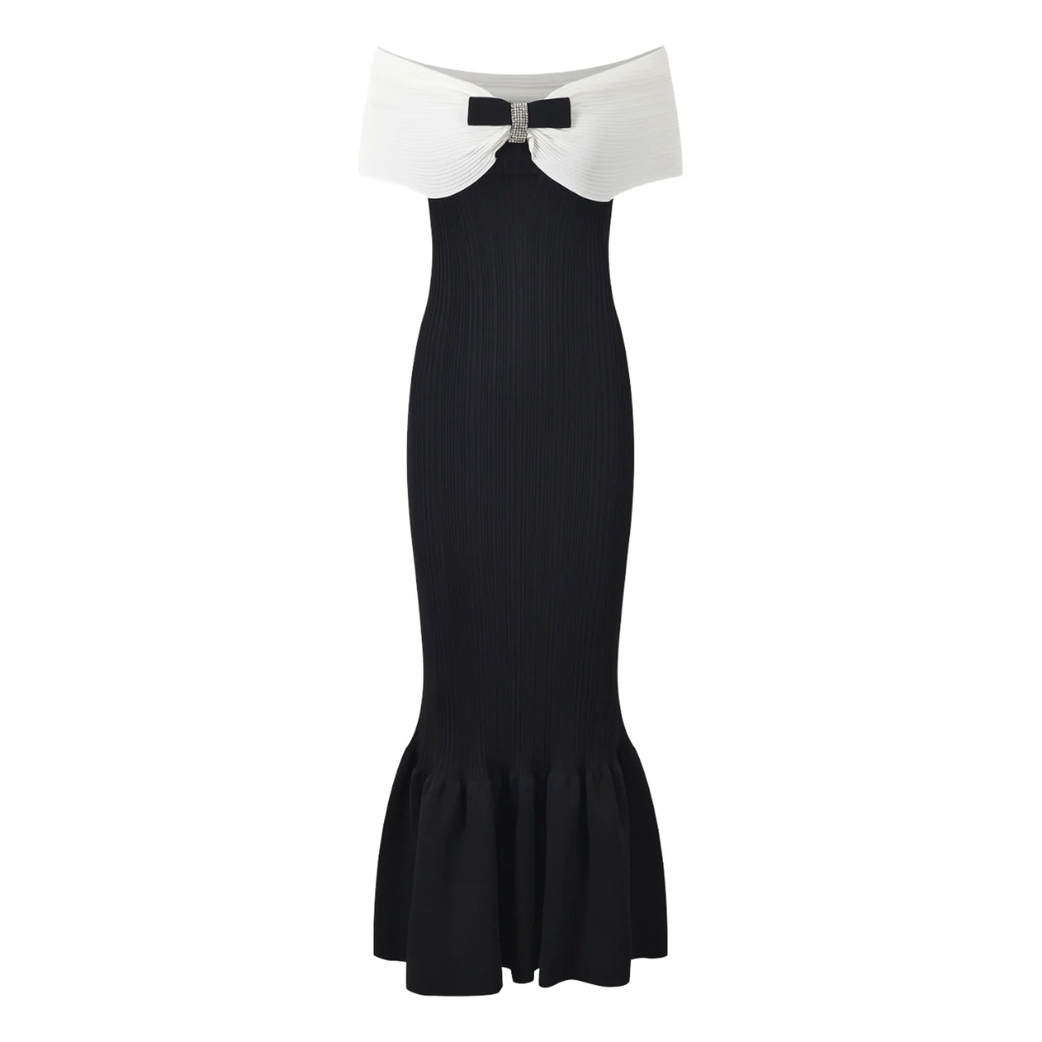 Autumn New Bow Off Shoulder Women Knitted Elegant Waisted Slim Fitted Ladies Short Sleeve Long Mermaid Dresses