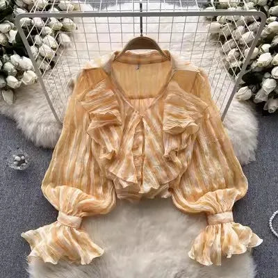 One Size Design Feel Ruffle Edge Chiffon Shirt Versatile French Bubble Sleeve Top Spring Striped Shirt