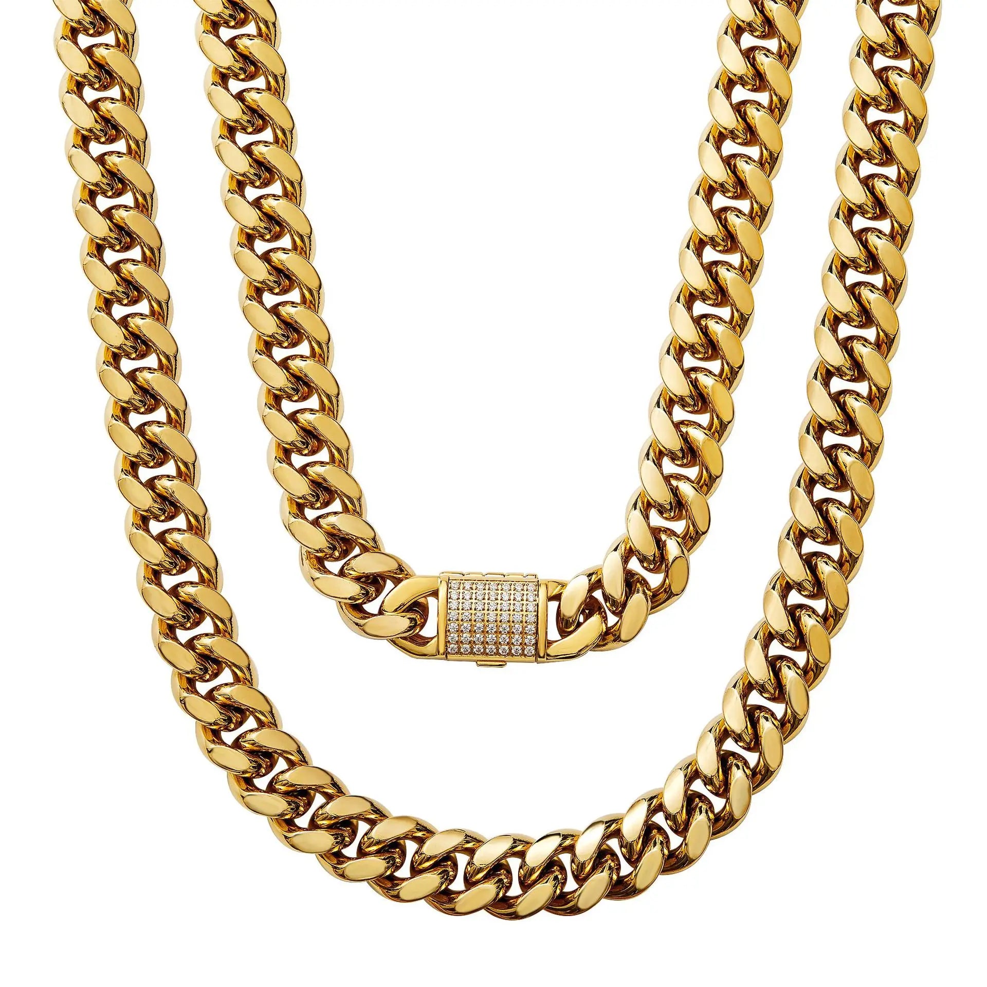 10/12/14mm Stainless Steel Cuban Necklace Clamshell Clasp Diamond Arc Necklace Titanium Steel 18K Gold Necklace