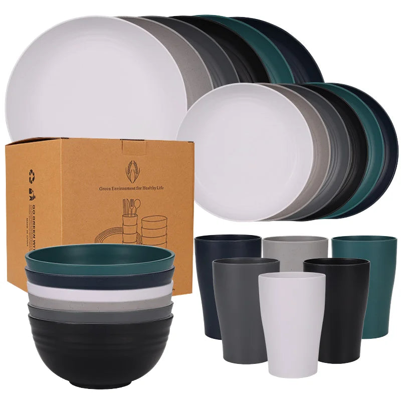 Modern Colorful 32-Piece Eco-friendly Plastic Wheat Straw Dinnerware Sets for 8 Lightweight Portable Outdoor Camping Parties BPA