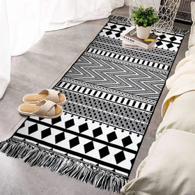 Boho Style Bathroom Rug Runner 100% Woven Black Geometric Animal Print Reversible Cotton Weave with Tassels Machine Made
