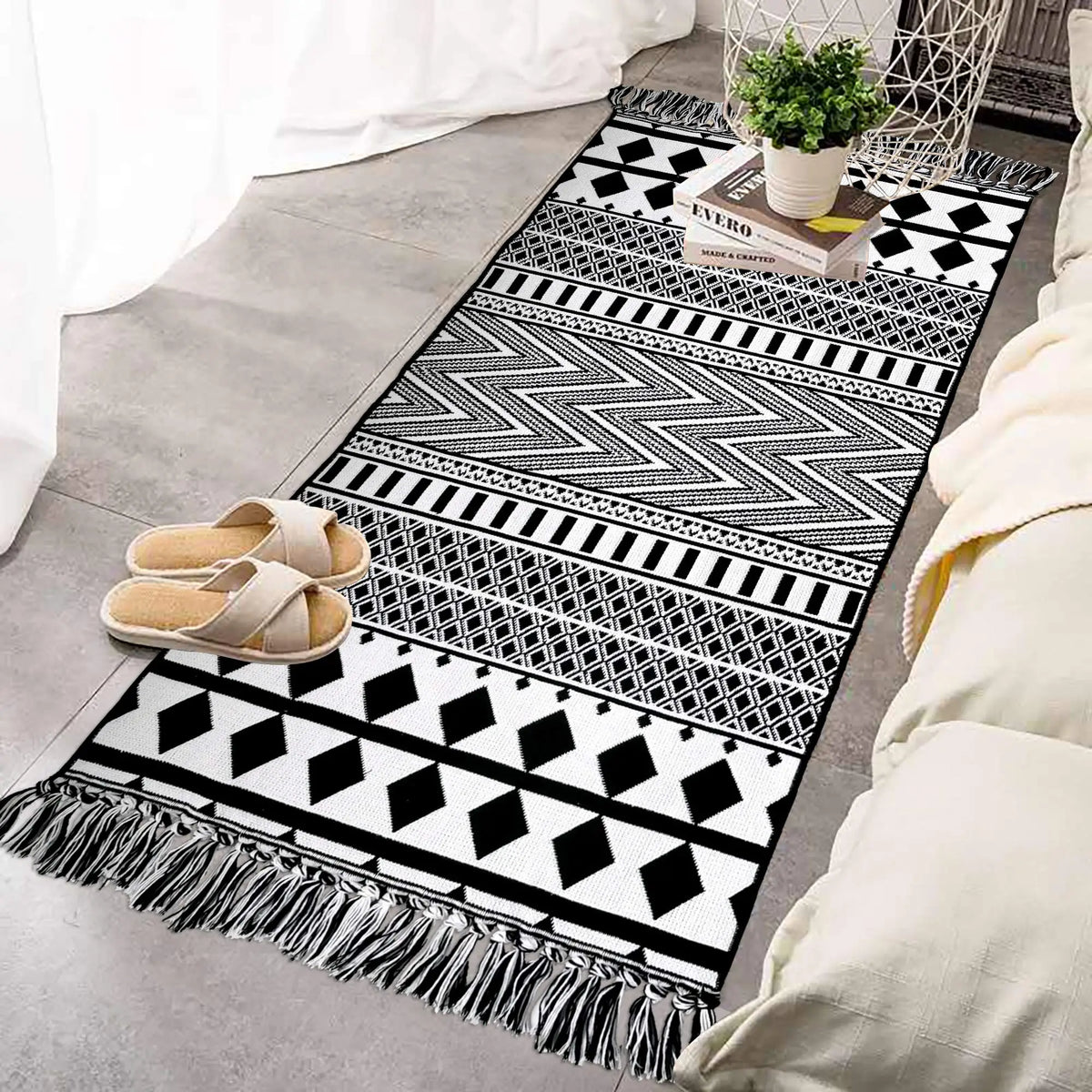 Boho Style Bathroom Rug Runner 100% Woven Black Geometric Animal Print Reversible Cotton Weave with Tassels Machine Made