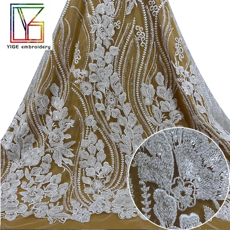Floral Embroidered Mesh Lace Fabric French Crystal Beaded Sequin Wedding Dress Fabric White Handmade Bead Embroidery Lace