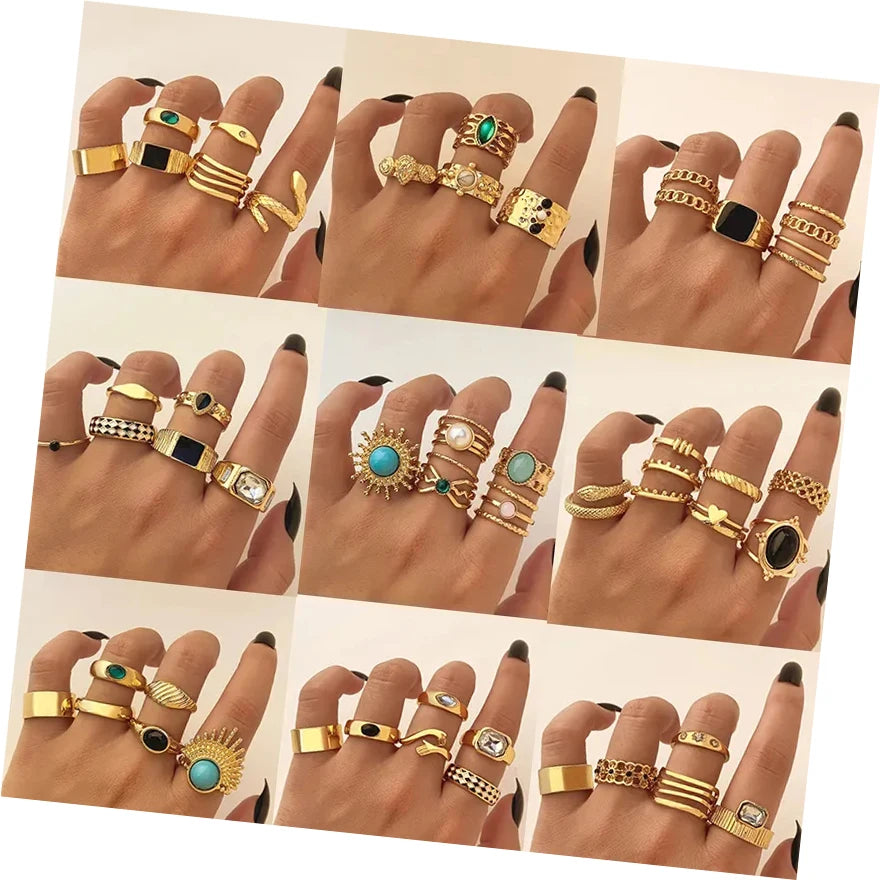 VKME New Fashion Gold Plated Opal Colored Gemstone Serpentine Ring Set for Women Jewelry Wholesale
