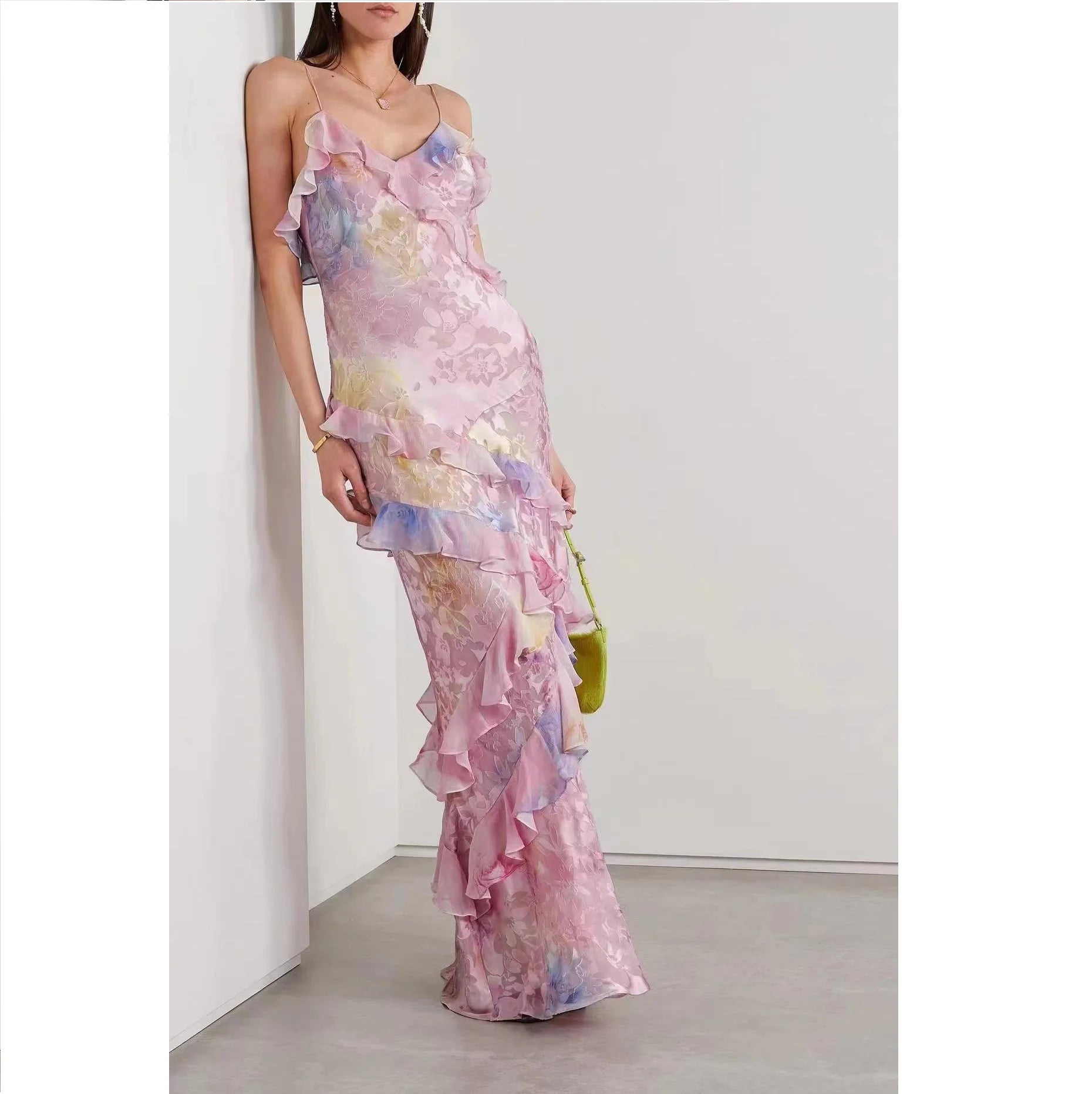 Fashion Elegant 2024 Summer New Style Sling V-neck Sleeveless Ruffled Patchwork Waist Long Dress