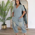 BR4742 Women's Loose Big Crotch Jumpsuit Vintage Fashionable Big Pocket Denim Suit