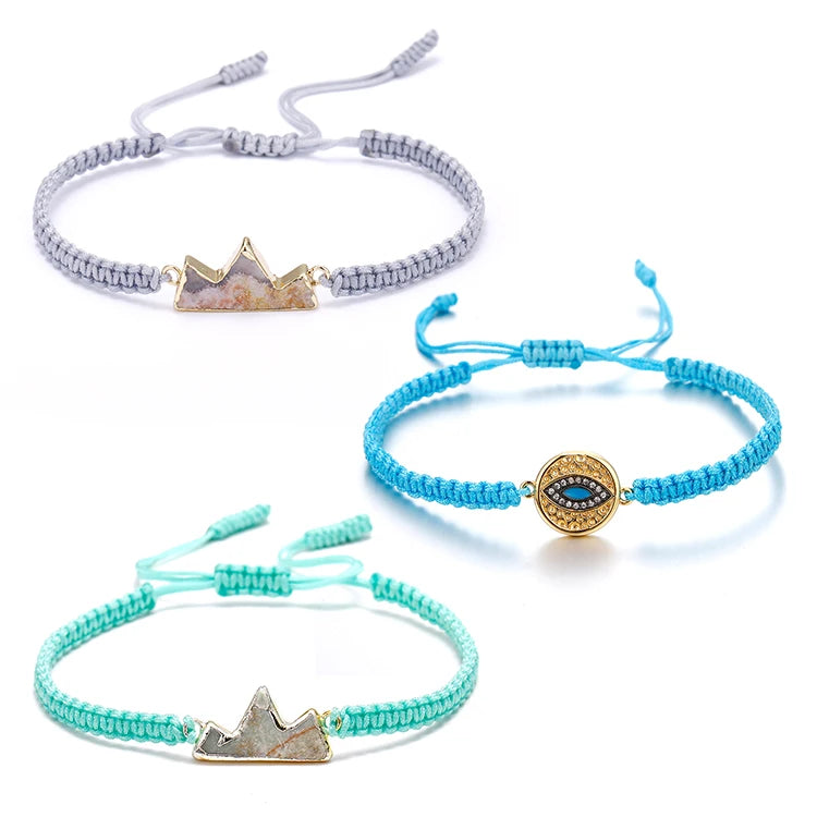 Classic Adjustable Brass Blue Turkish Eye Natural Stone Agate Pendant Cotton String Thread Braided Bracelet for Women Men