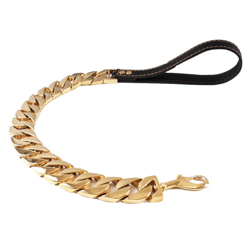 New Pet Products Stainless Steel Big Cuban Metal Heavy Strong Chain Luxury Dog Leash with  Real Leather