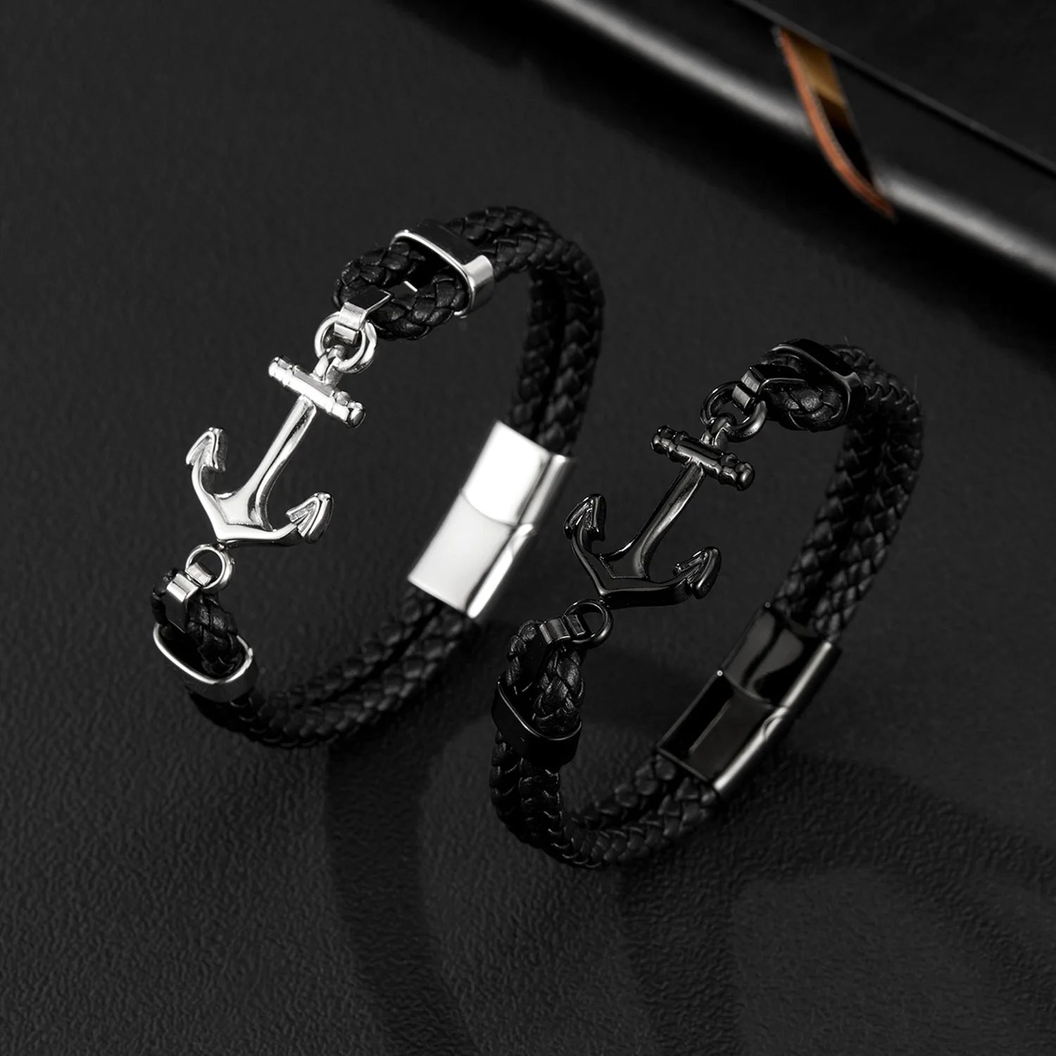 Wholesale Trendy Stainless Steel Silver Plated Unisex Cuff Wrap Magnetic Clasps Anchor Woven Leather Bangle Bangles