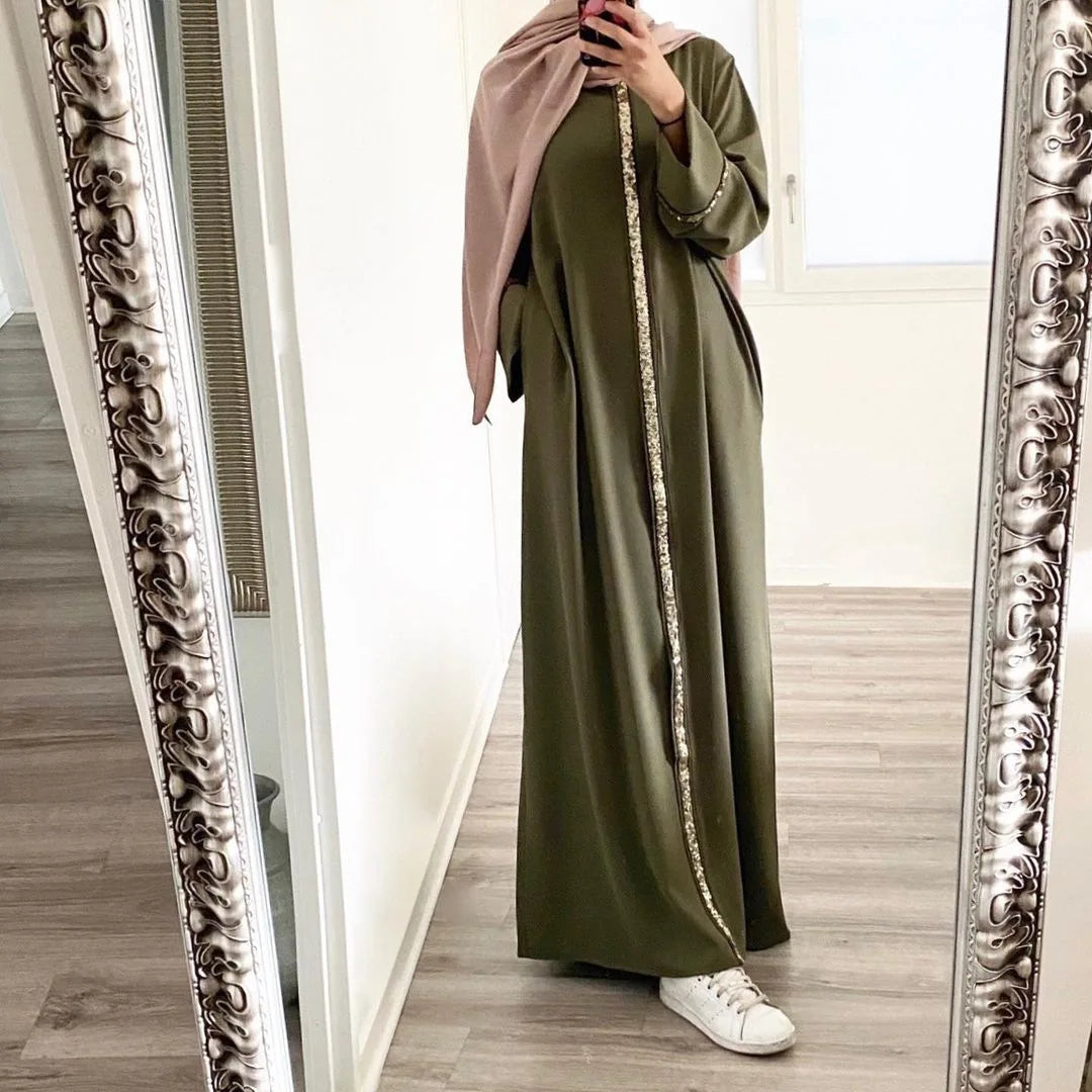 Traditional Solid Color Chiffon Robe Long Dresses for Women Moroccan Caftan Sequins Muslim Dress for Ramadan Turkish Design for