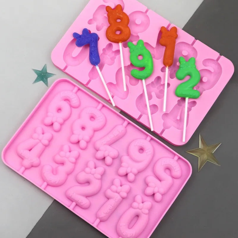 Hot Selling 0-9 Digital Lollipop & Candy Molds Cartoon Silicone Eco-Friendly Pink Chocolate Mold DIY Wholesale