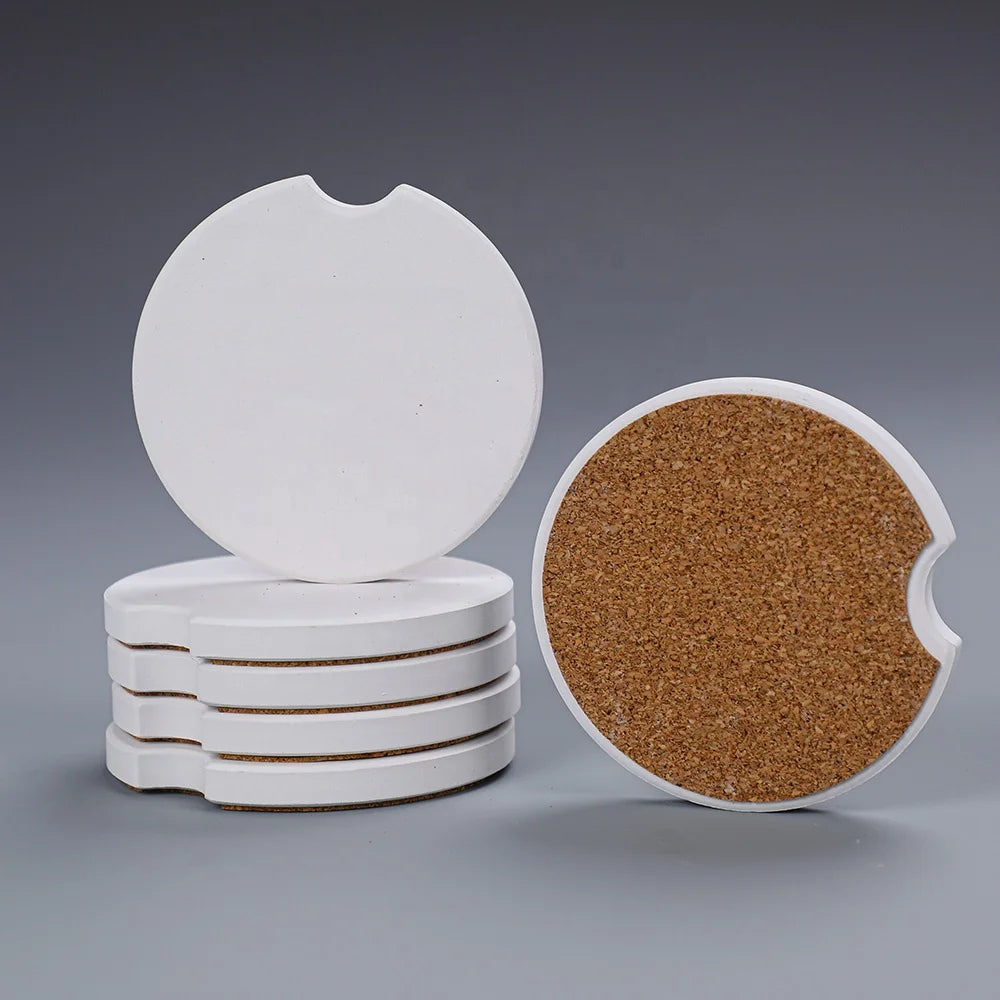 Custom White Ceramic Round Contemporary Car Coasters 2 Pcs Absorbent Cork Back Set with Blank Print for Table Drinks