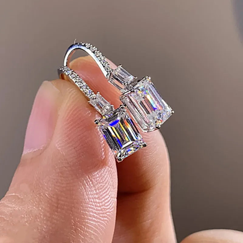 Huitan Luxury Clear Rectangle CZ Cubic Zirconia Dangle Earrings Statement Geometric Crystal Silver Color Earrings for Women