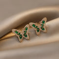 Delicate 925 Silver Post Real 18K Gold Plated Full of Diamond Butterfly Earrings Green Crystal Zircon Butterfly Stud Earrings